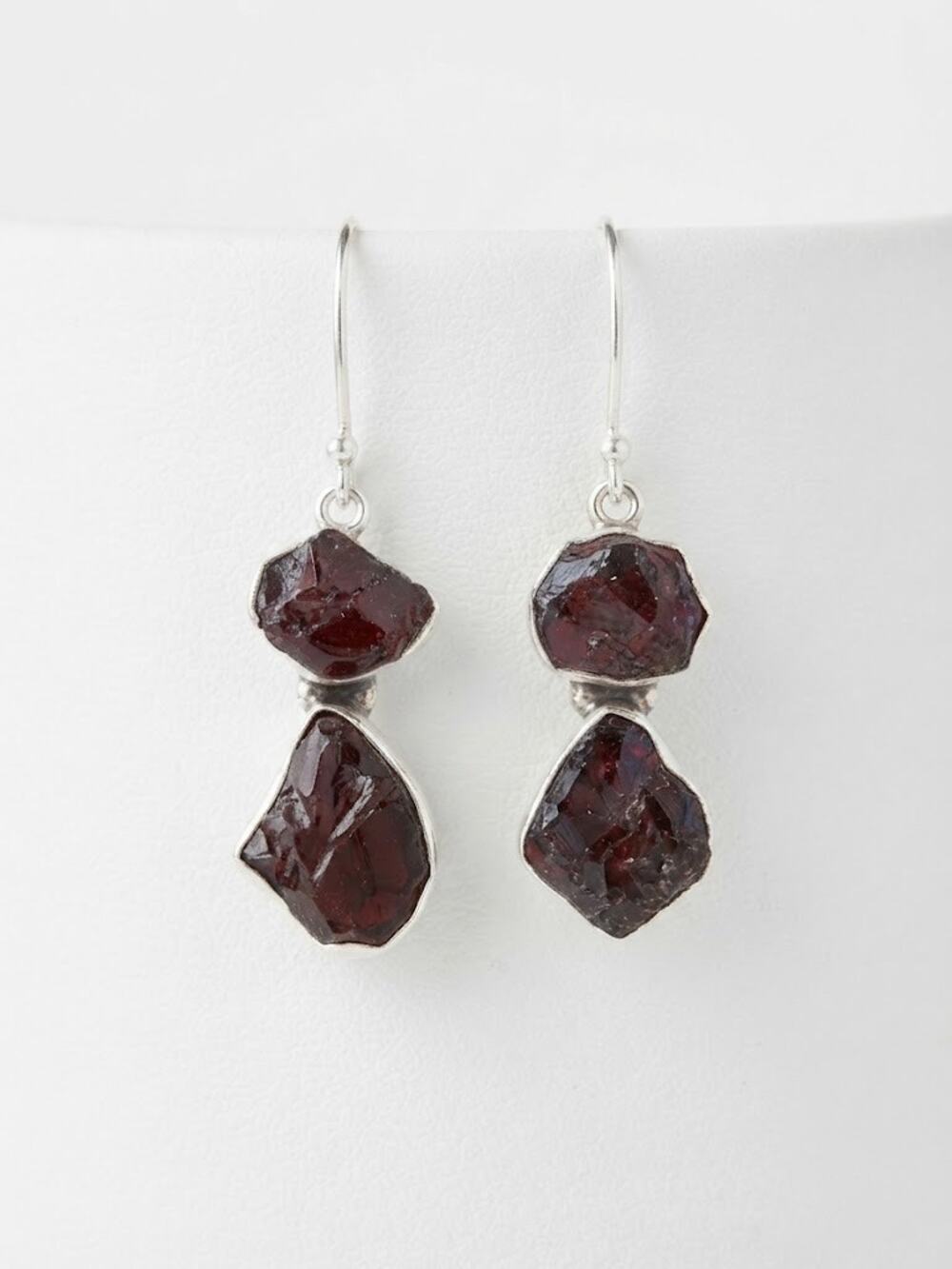 Natural Raw Garnet Sterling Earrings Dangle 1” Long 925 Boho